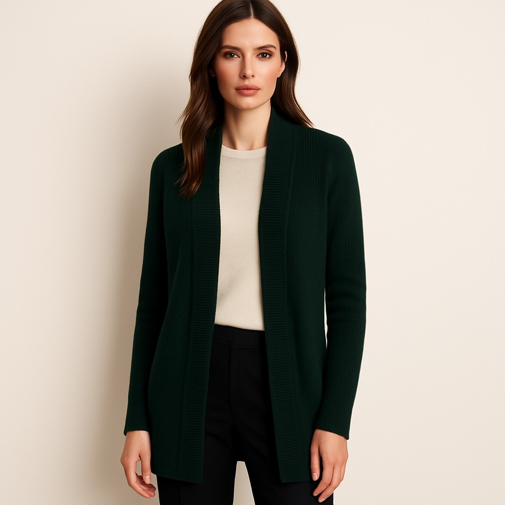 LOFT Open Front Camel Hair Cotton Blend Ribbed Knit Cardigan Forest Green Size M